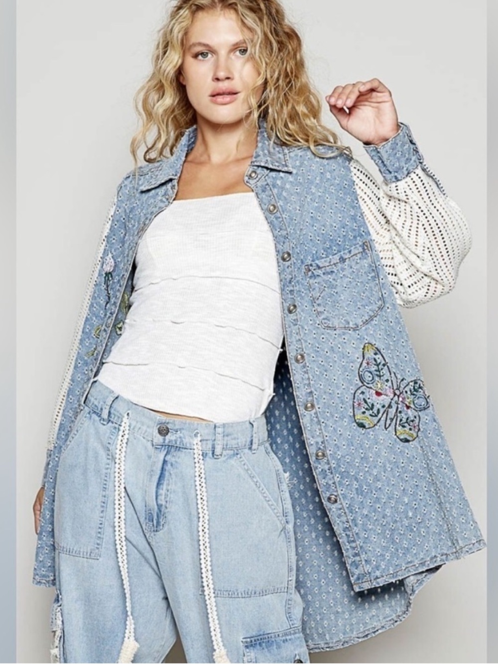 🦋POL Light Blue Denim shirt with Crochet Sleeves & butterfly & floral Embroidery